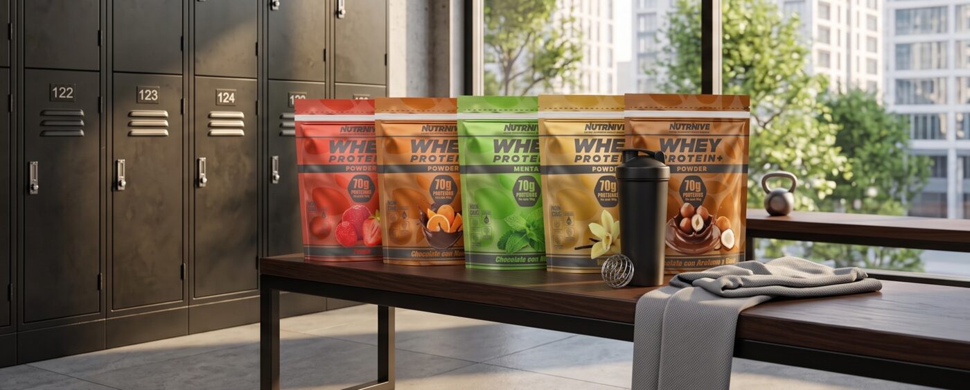 Los 5 sabores de NUTRIVIVE Whey Protein+ en el banco de un vestidor de gimnasio