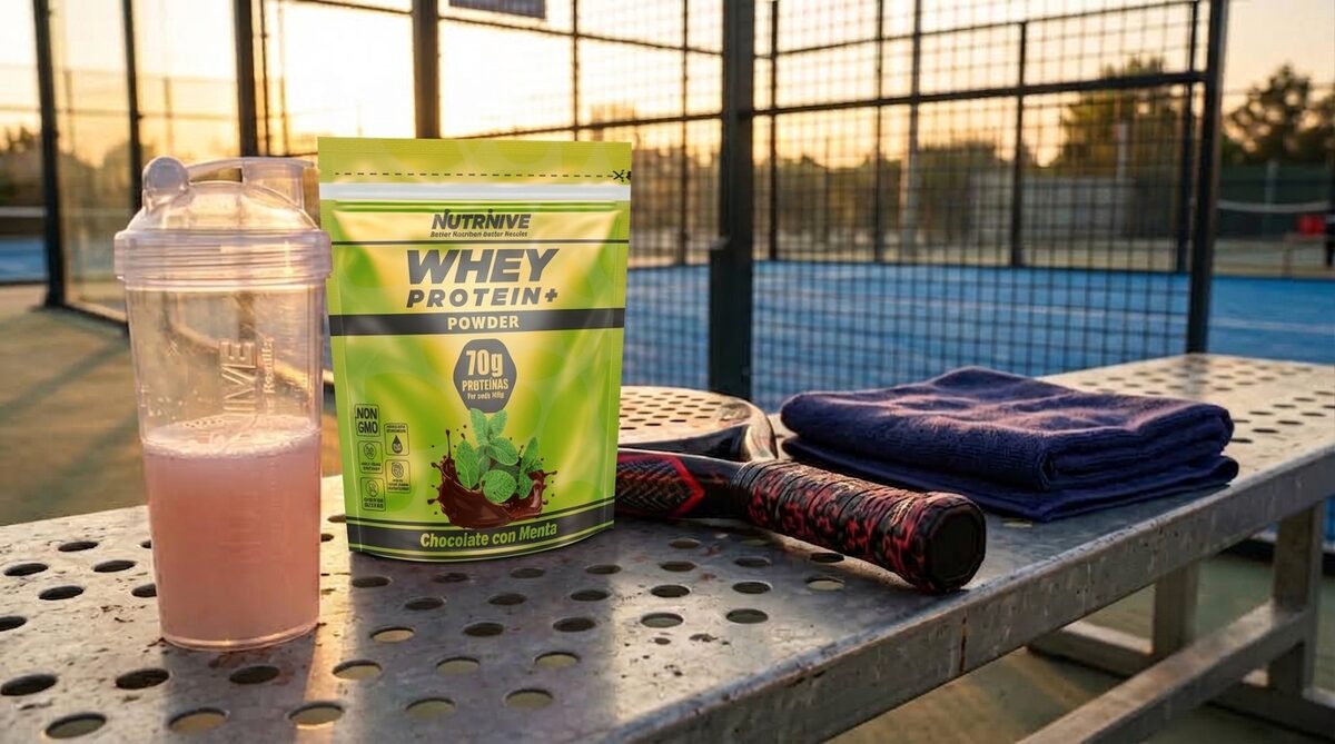 Doypack de NUTRIVIVE Whey Protein+ y un shaker sobre un banco junto a una pista de pádel