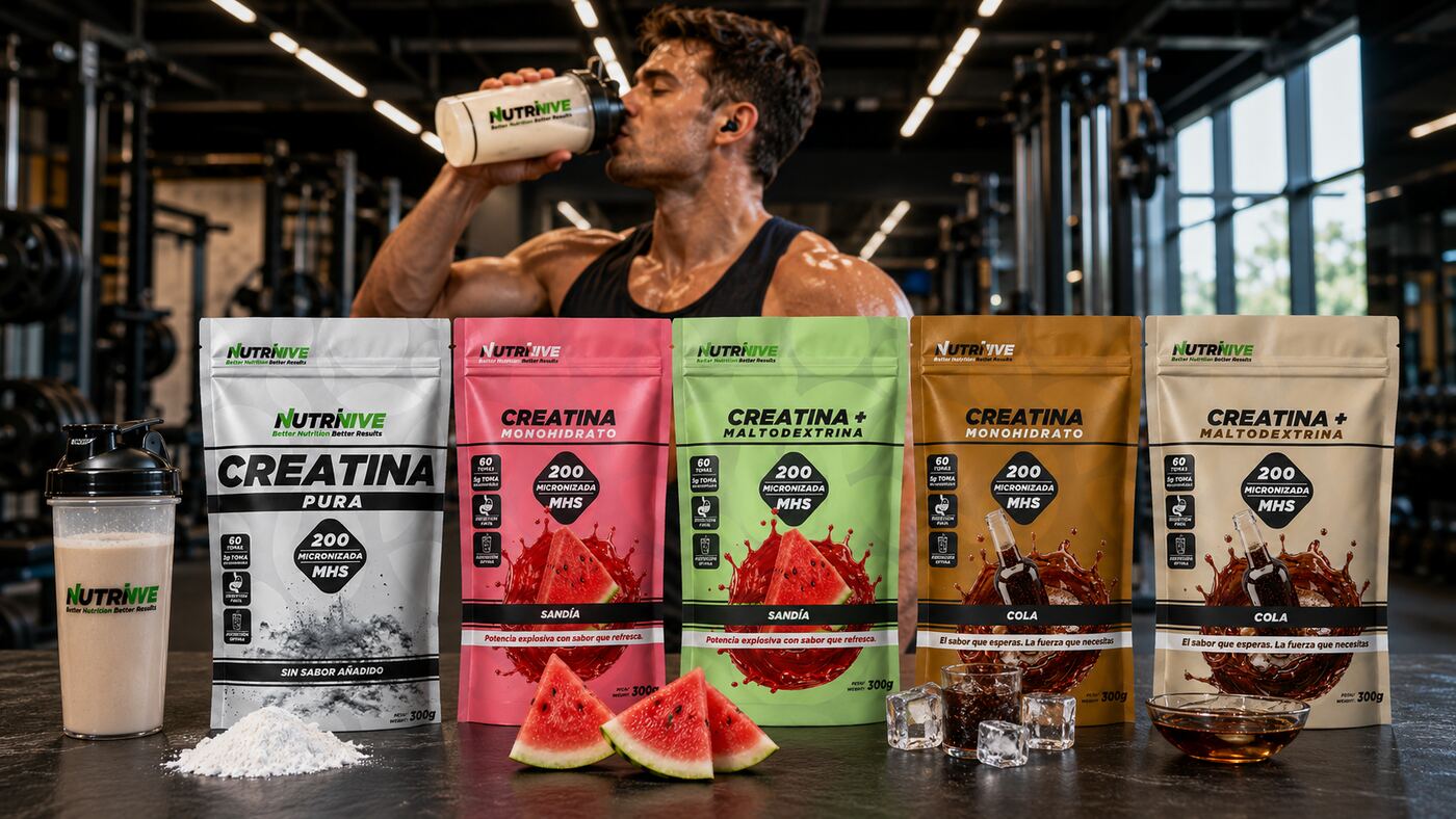 Gama de creatina NUTRIVIVE en un gimnasio: pura, sandía y las dos + maltodextrina (sandía y cola), con un shaker