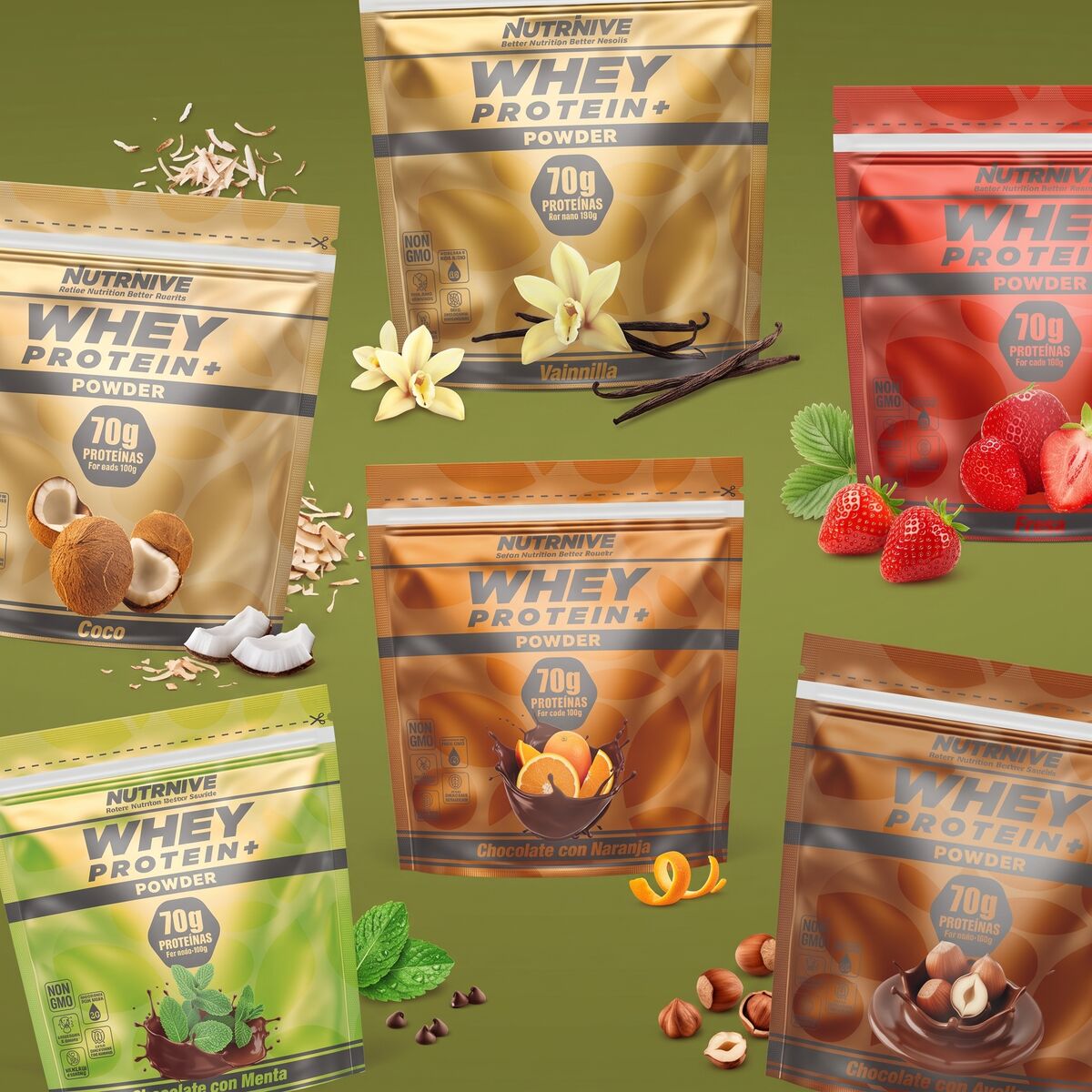Seis doypacks de Whey Protein+ NUTRIVIVE (coco, vainilla, fresa, chocolate con menta, chocolate naranja y chocolate avellana) con sus ingredientes